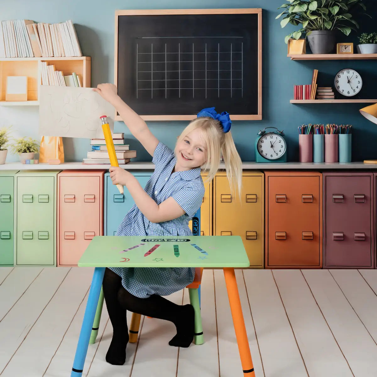 Kate Back to School Colorful Lockers Chalkboard Backdrop+Apricot Wooden Floor Backdrop