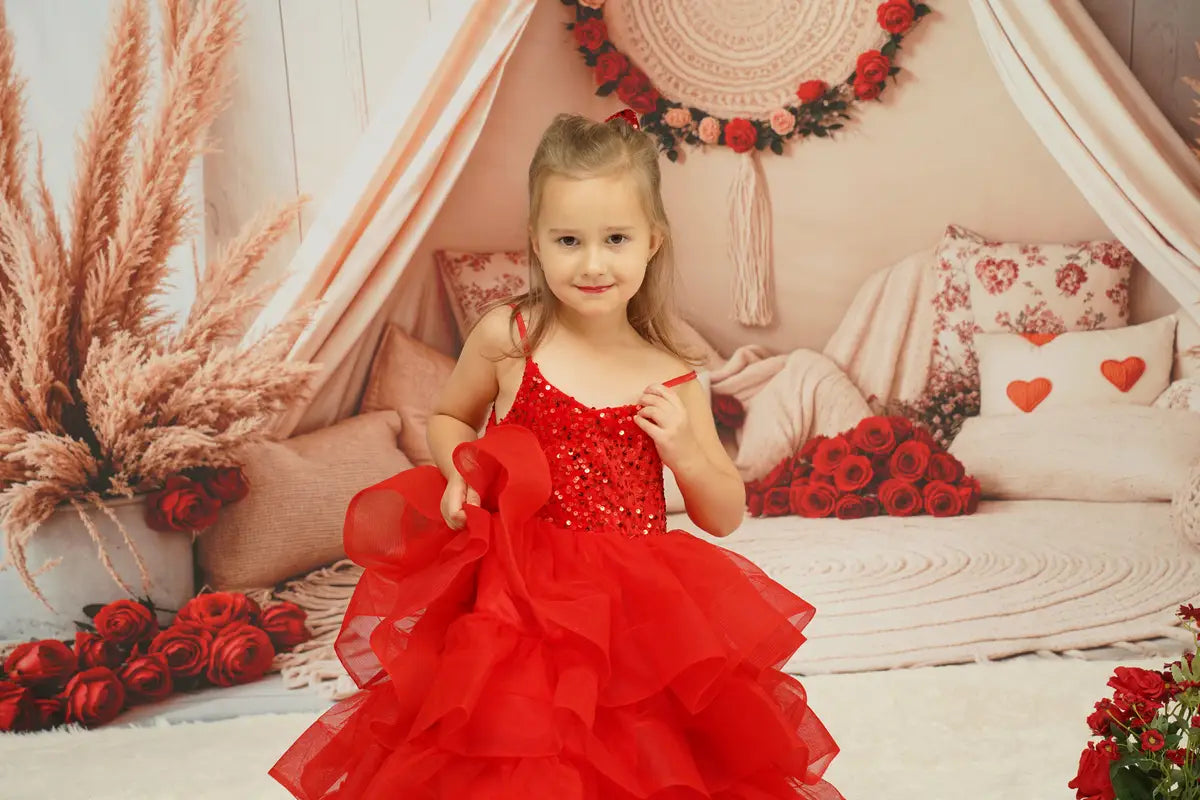 Kate Valentine's Day Red Sequined Tulle Kids Dress for Photography