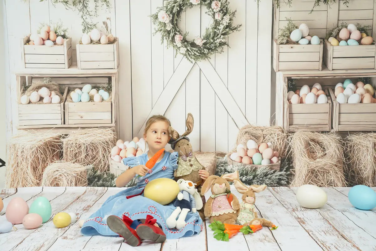 Kate Easter Floral Egg Farmhouse Backdrop+White Retro Wood Floor Backdrop