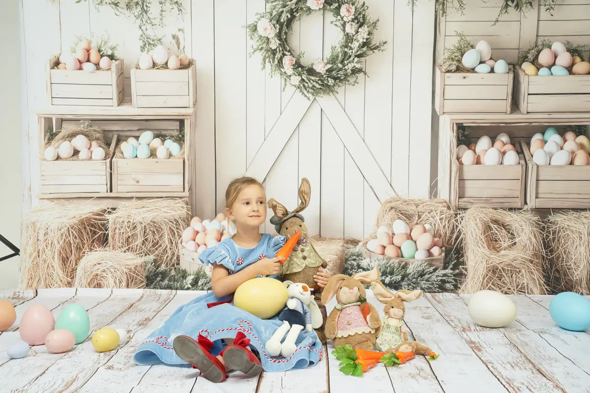 Kate Easter Floral Egg Farmhouse Backdrop+White Retro Wood Floor Backdrop