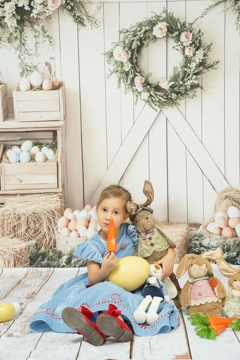 Kate Easter Floral Egg Farmhouse Backdrop+White Retro Wood Floor Backdrop