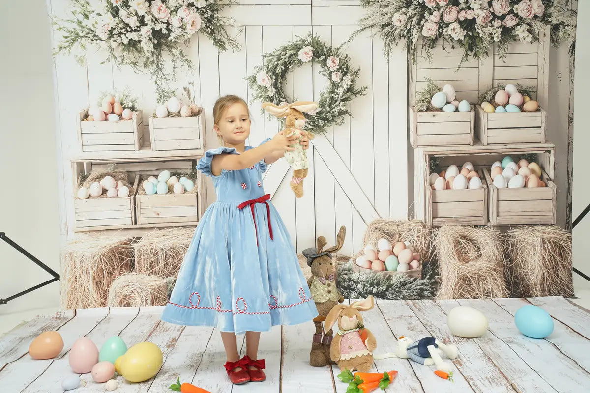 Kate Easter Floral Egg Farmhouse Backdrop+White Retro Wood Floor Backdrop