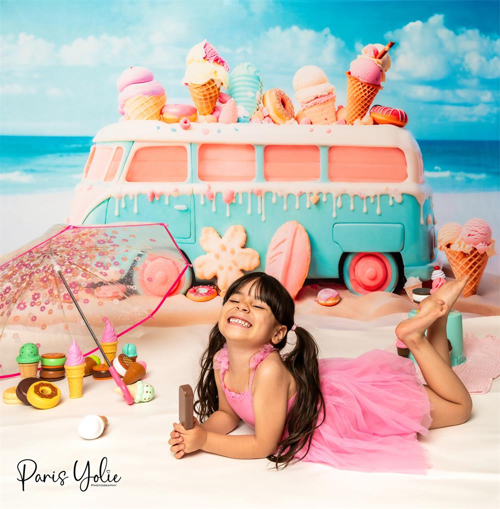 Summer Seaside Pink Blue Cartoon Toy Ice Cream Car Backdrop Disegnato da Chain Photography