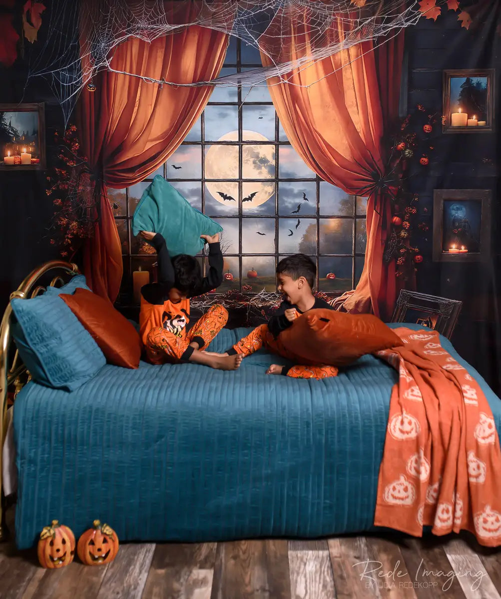 Kate Halloween Night Bat Orange Curtain Black Framed Window Backdrop Designed by Emetselch