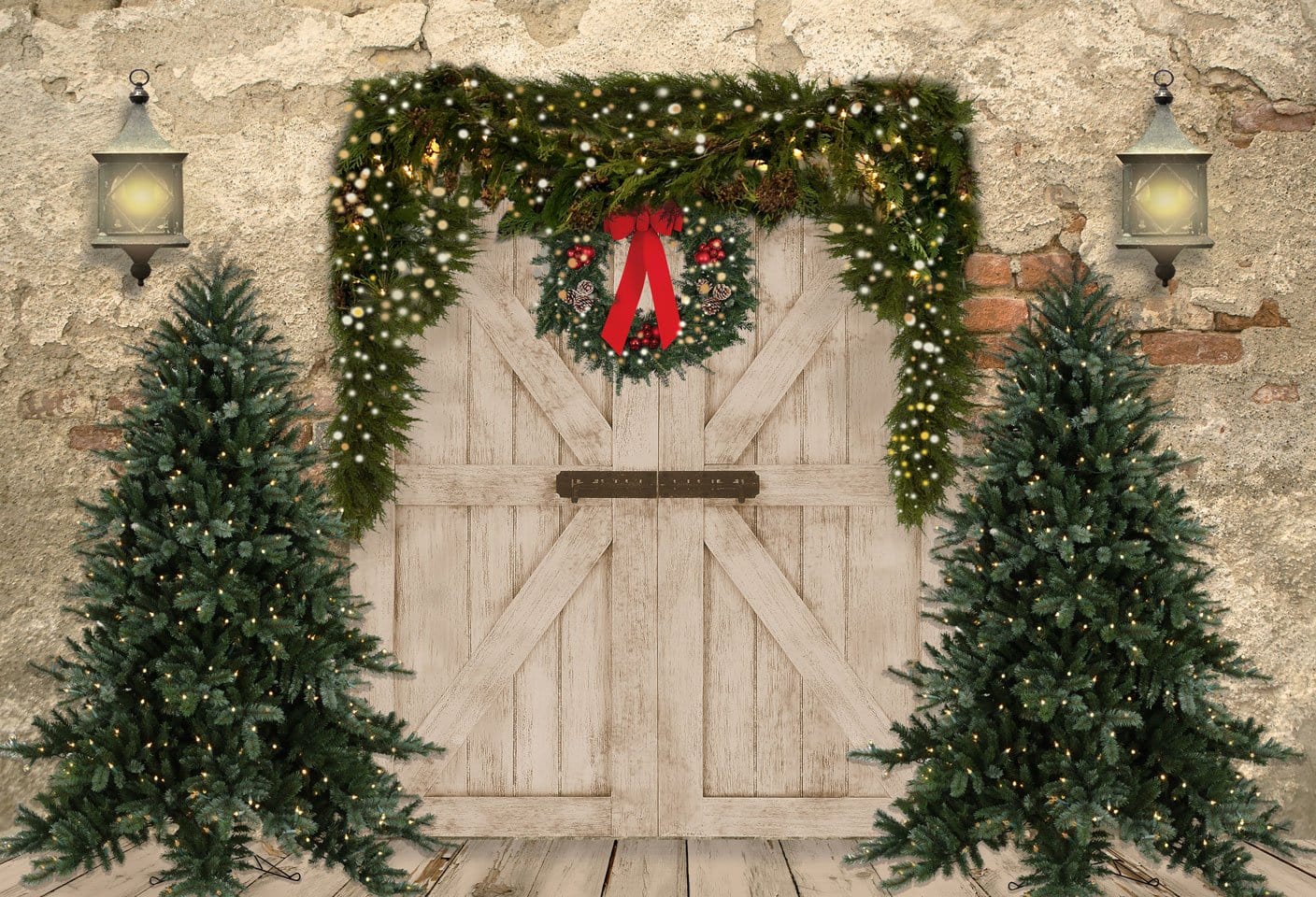 Sfondo in pile natalizio su muro di mattoni con porta e alberi di Natale disegnati da JS Photography