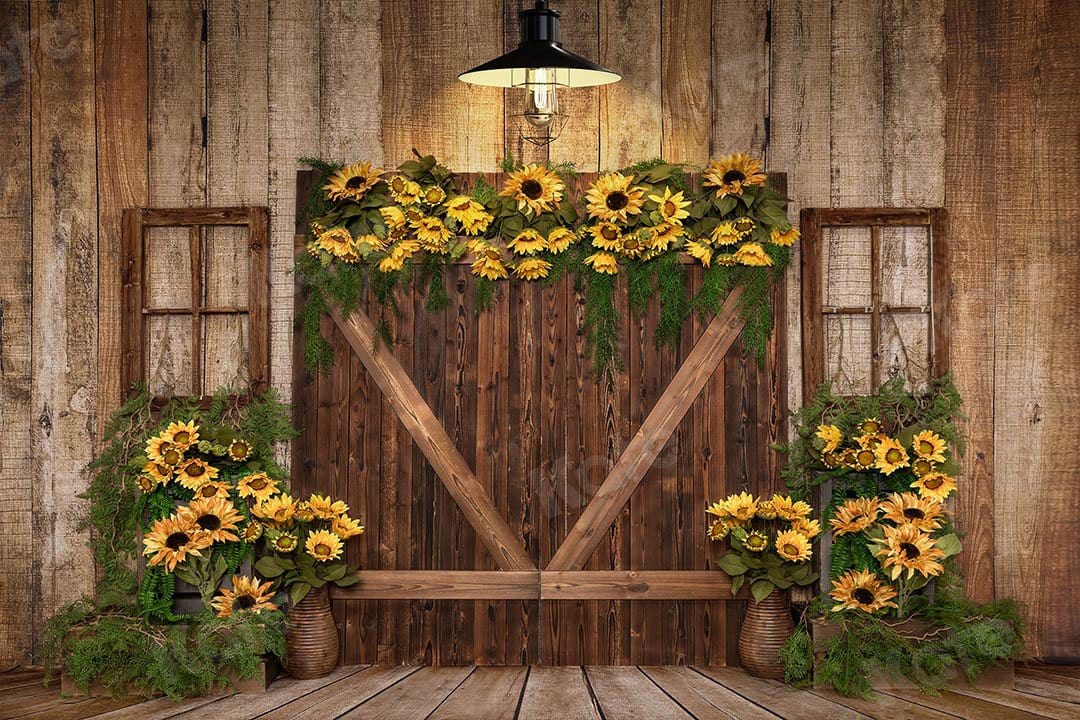 Sfondo porta in legno con girasoli estivi progettato da Emetselch.