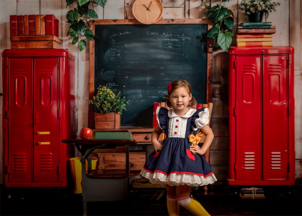 Kate Back to School Red Locker Blackboard Wooden Striped Wall Backdrop Designed by Emetselch