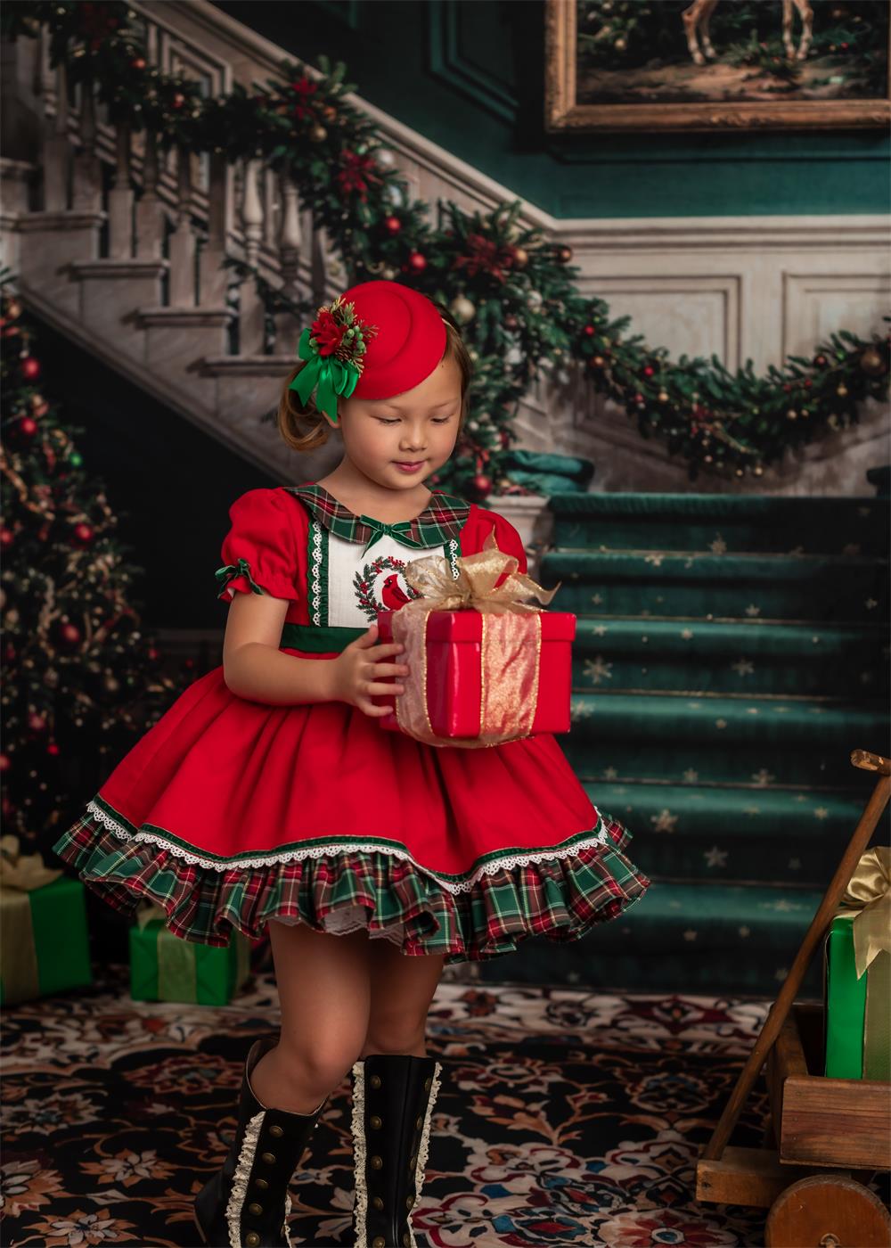 Kate Christmas Retro White Green Marble Staircase Backdrop+Vintage Fine Art Colorful Floral Marble Floor Backdrop