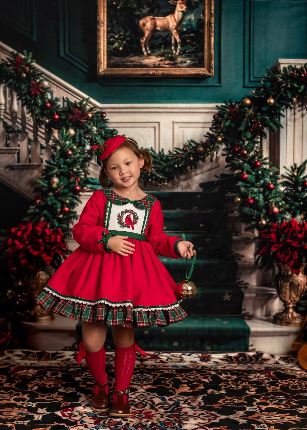 Kate Christmas Retro White Green Marble Staircase Backdrop+Vintage Fine Art Colorful Floral Marble Floor Backdrop