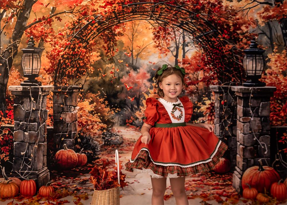 Kate Retro Watercolor Autumn Forest Pumpkin Arch Gate Backdrop Designed by GQ