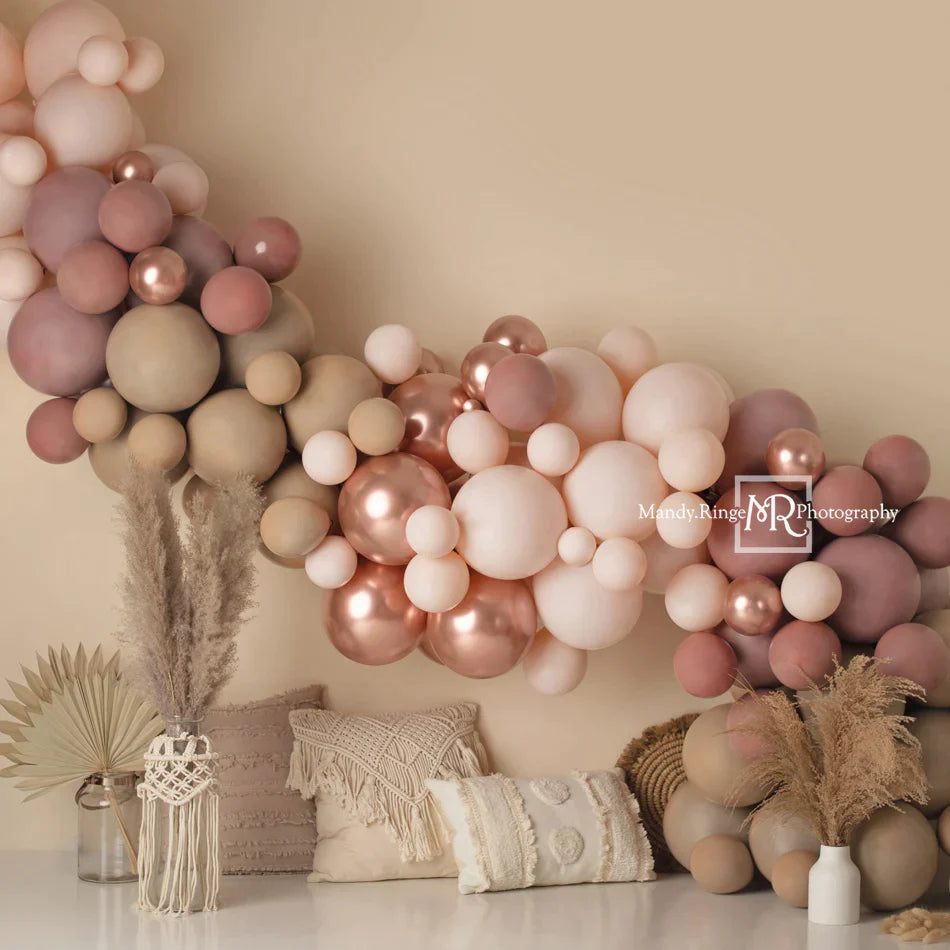 Kate 7x5ft Boho Balloons Backdrop Macrame Pillows Matte Pink Designed by Mandy Ringe Photography (only ship to Canada)