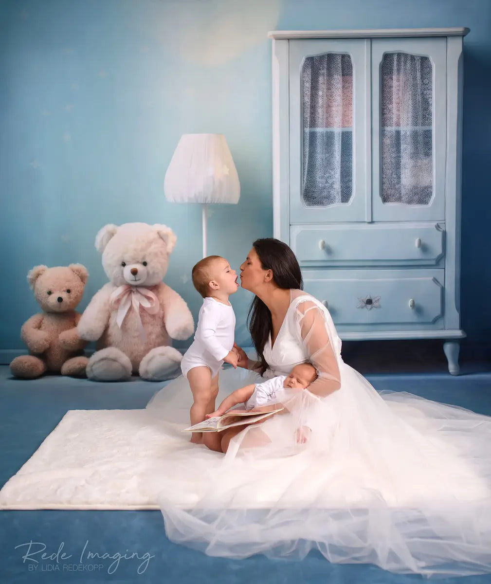 Kate Sweep White Lamp Blue Cabinet Teddy Bear Floral Wall Backdrop Designed by Lidia Redekopp