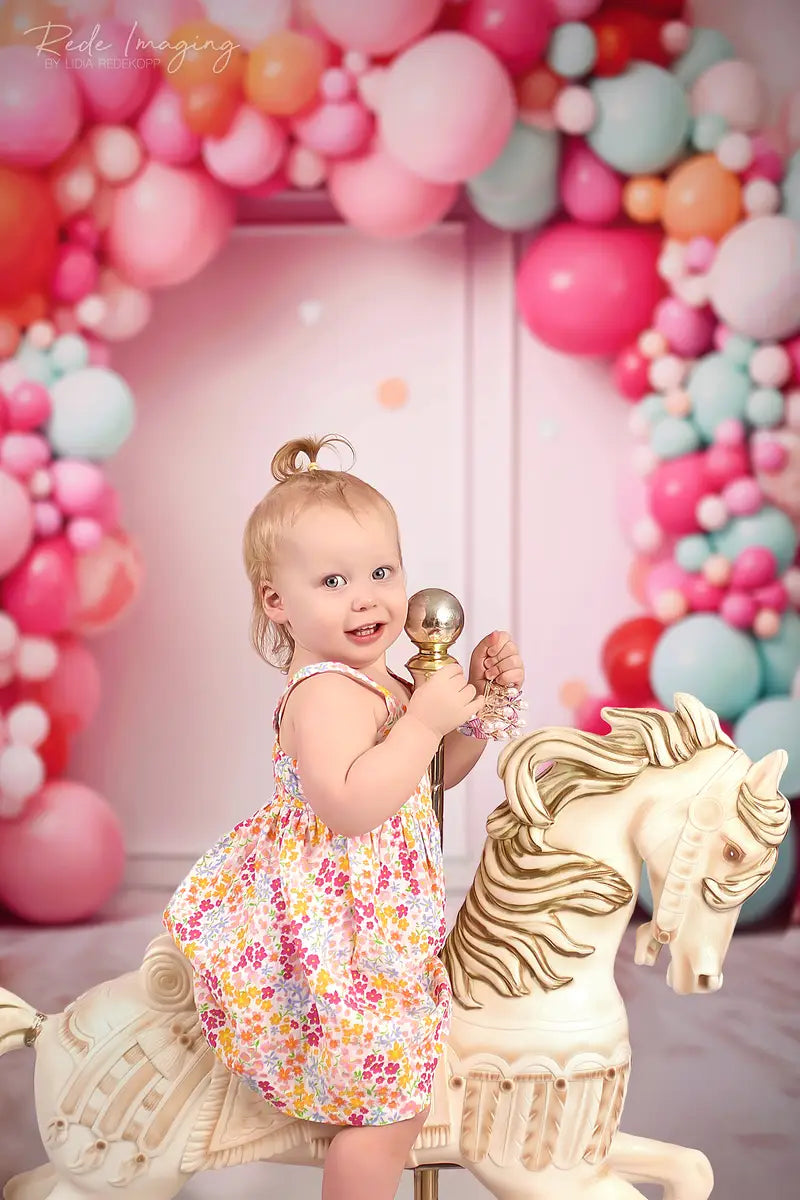 Kate Sweep Birthday Cake Smash Light Pink Line Wall Colorful Balloon and Confetti Arch Backdrop Designed by Lidia Redekopp