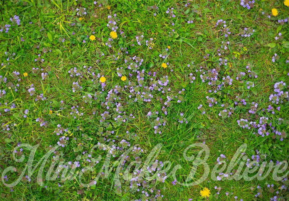Kate Green Meadow Yellow Purple Flower Rubber Floor Mat designed by Mini MakeBelieve