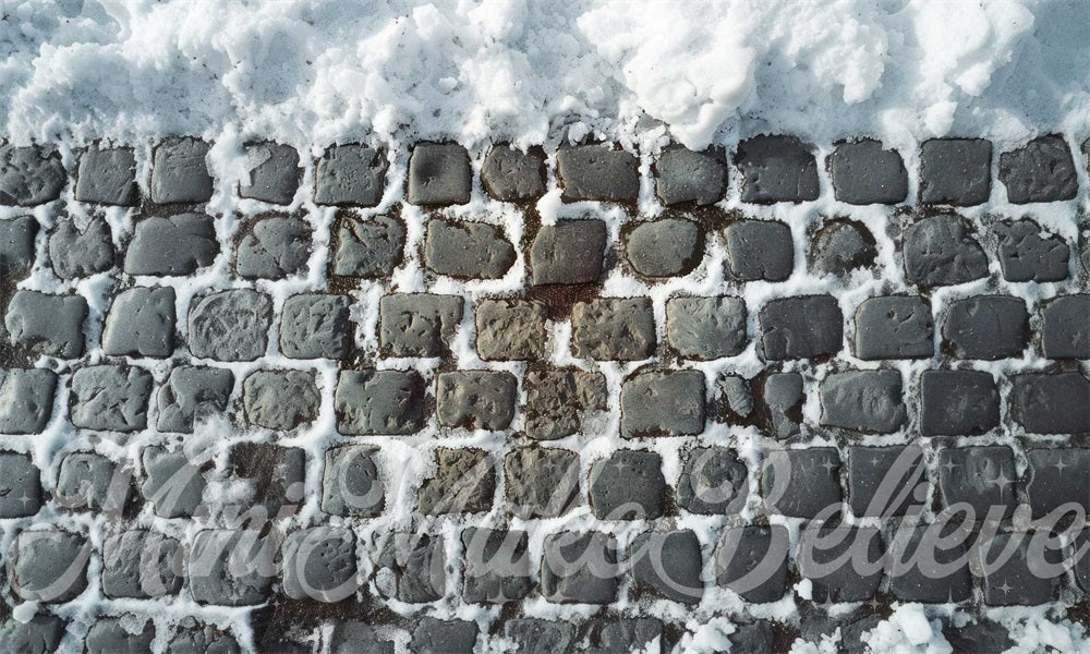 Winter Snow Gray Cobblestone Floor Foto Achtergrond Ontworpen door Mini MakeBelieve