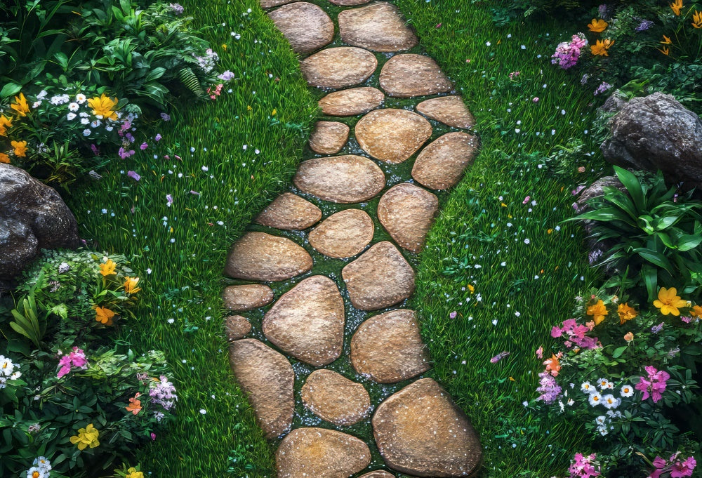 Fondo de jardín de camino de piedra de primavera diseñado por Mini MakeBelieve