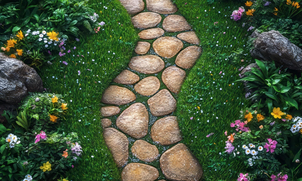 Fondo de jardín de camino de piedra de primavera diseñado por Mini MakeBelieve