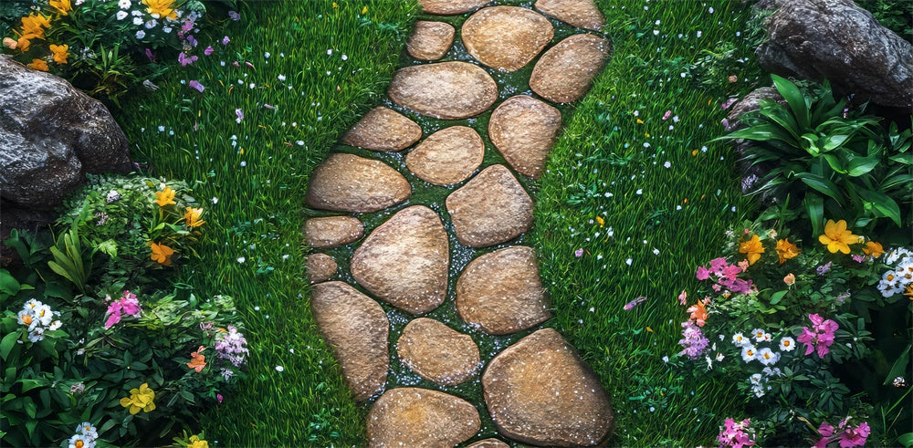 Fondo de jardín de camino de piedra de primavera diseñado por Mini MakeBelieve