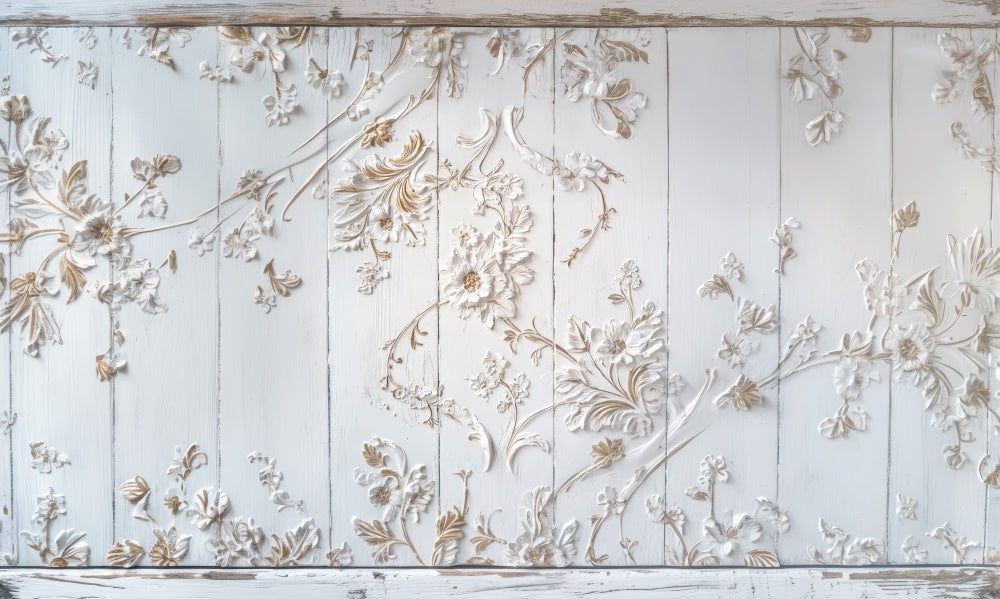 Kate Vintage Floral White Wooden Floor Backdrop Designed by Mini MakeBelieve