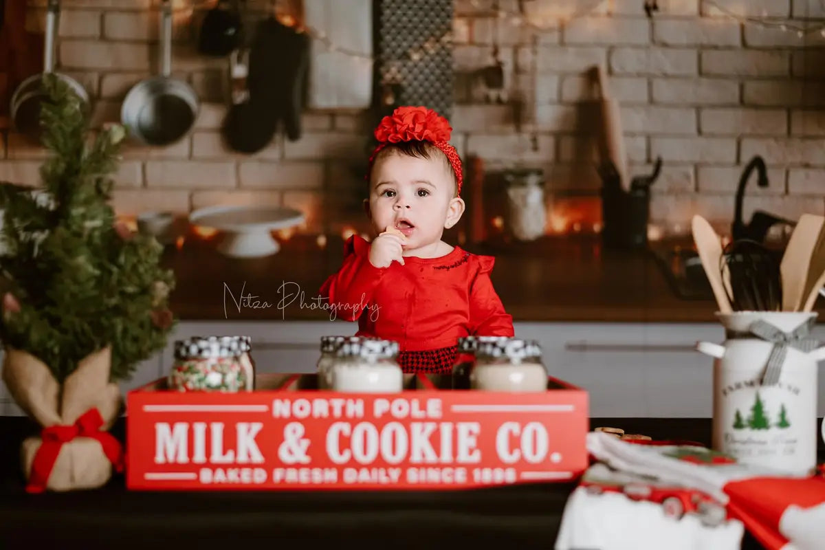 Kate White Brick Wall Christmas Kitchen  Backdrop Designed By Jerry_Sina