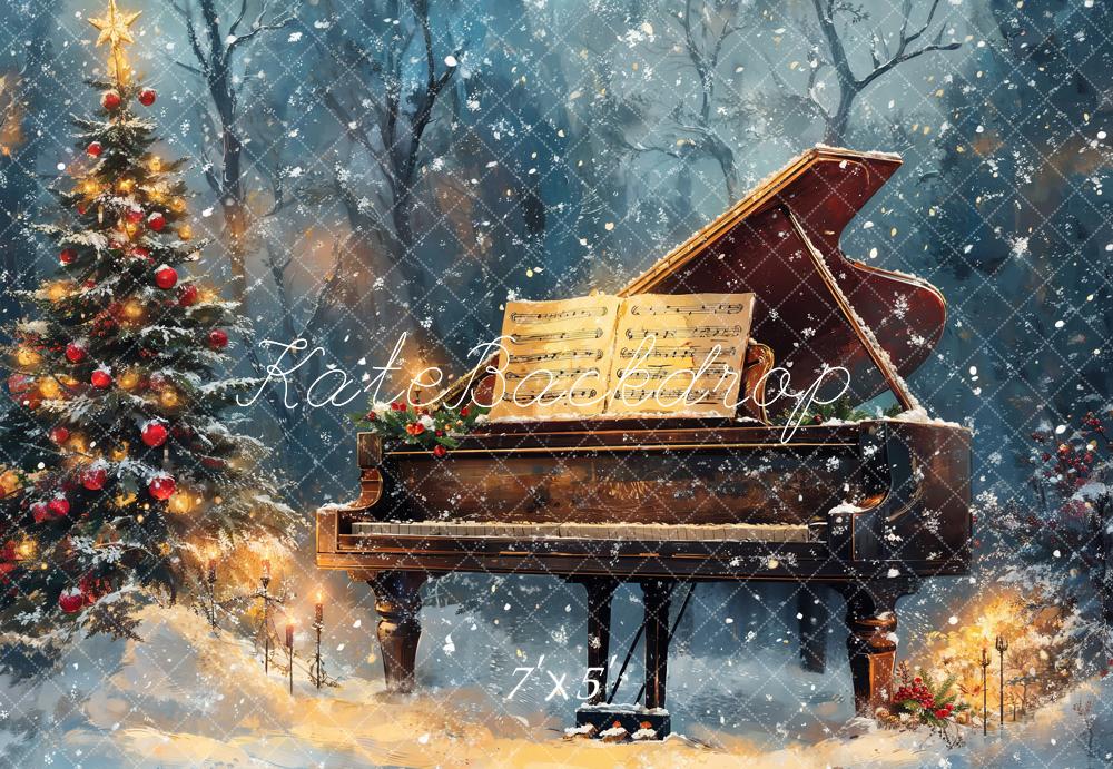 Kate Christmas Tree Piano Snowy Backdrop Designed by Emetselch