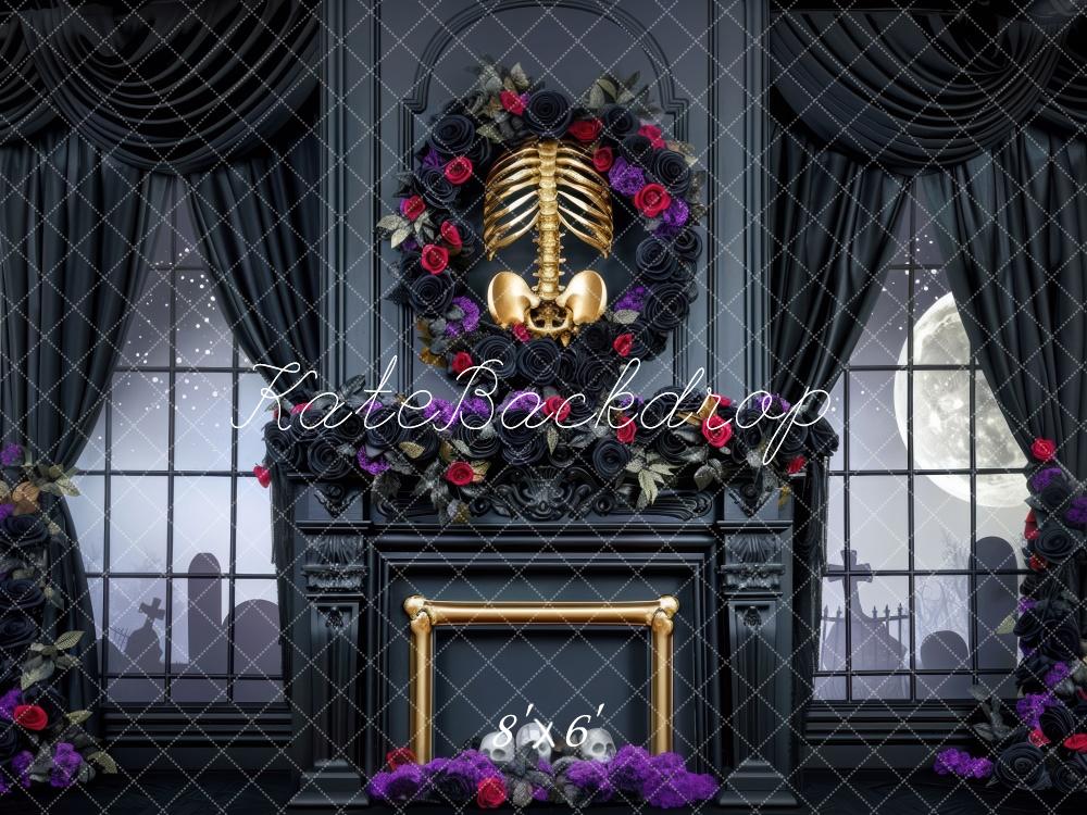 Kate Halloween Skeleton Room Black Curtains Fireplace Backdrop Designed by Mini MakeBelieve