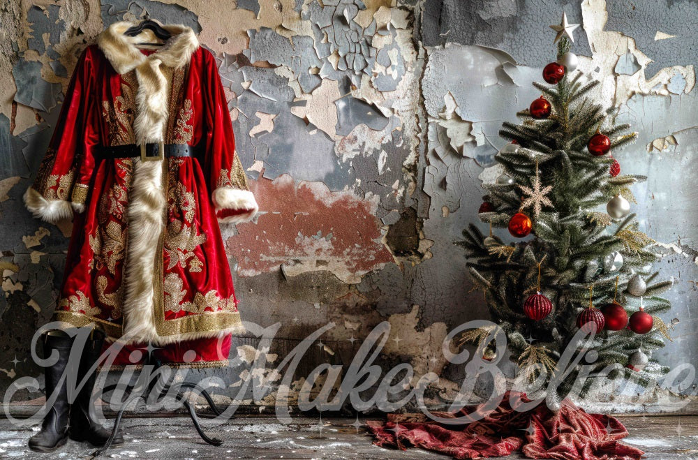 Kate Christmas Interior Shabby Santa Coat Gray Wall Backdrop Designed by Mini MakeBelieve