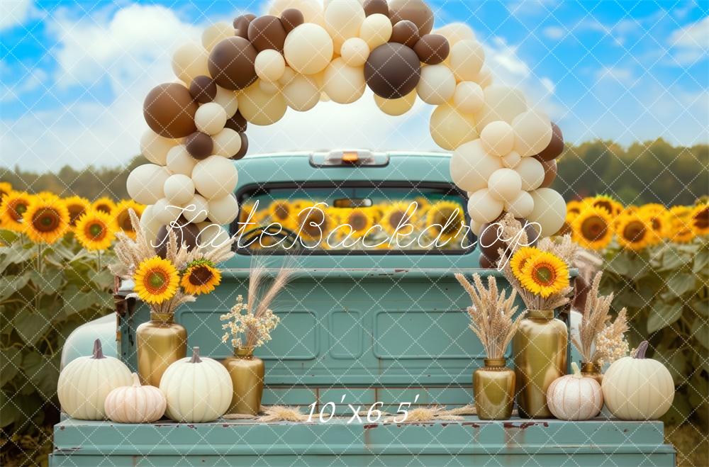 Kate Fall Teal Truck Sunflower Balloons Arch Backdrop Designed by Mini MakeBelieve