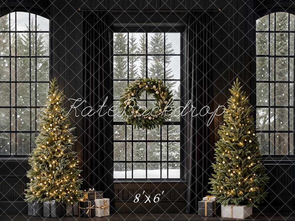 Kate Christmas Trees Retro Black Window Backdrop Designed by Emetselch