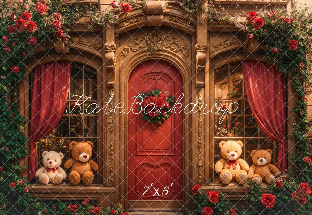 Retro Arch Wooden Teddy Bear Roses Door Foto Achtergrond Designed by Emetselch