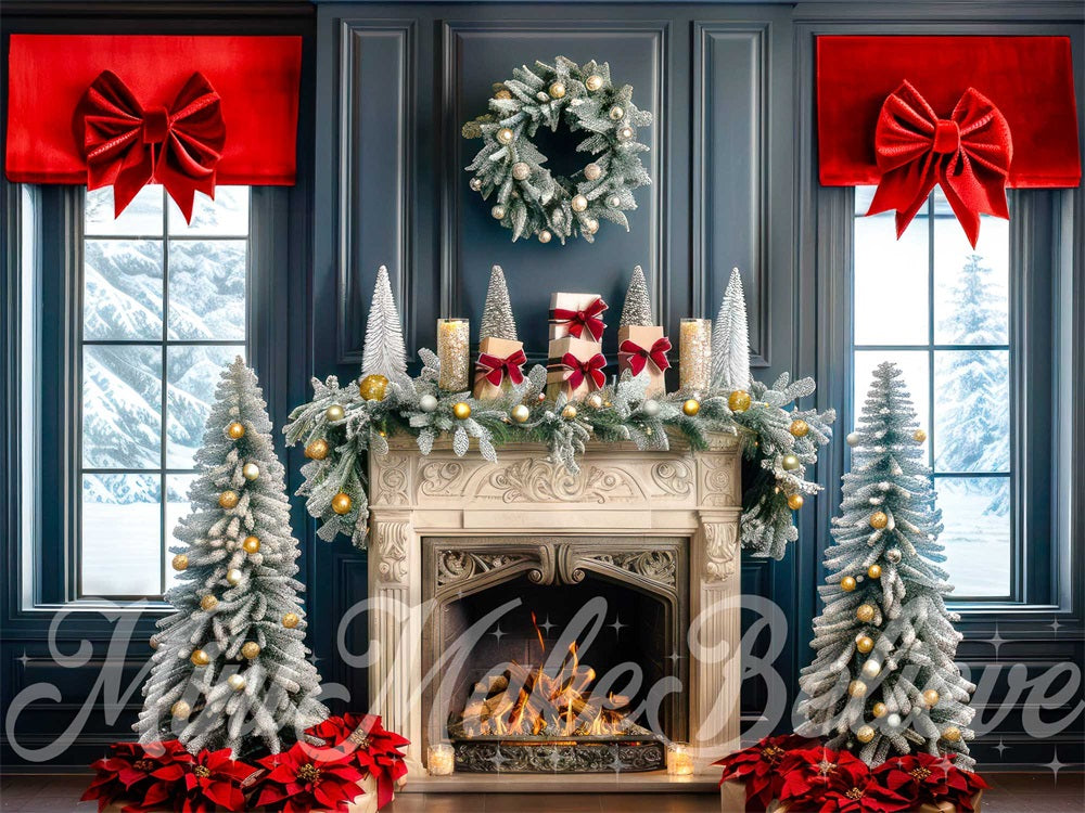 Kate Christmas Golden Retro Fireplace Blue Wall Backdrop Designed by Mini MakeBelieve