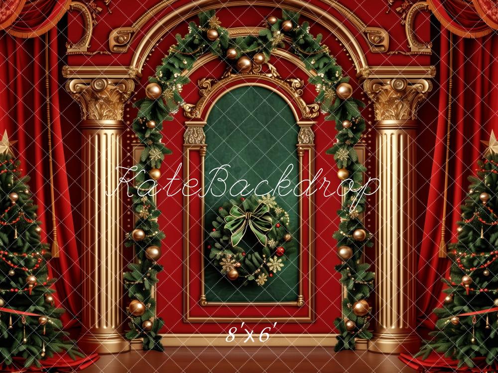 Kate Christmas Tree Red Curtains Retro Wall With Garland Backdrop Designed by Patty Robert