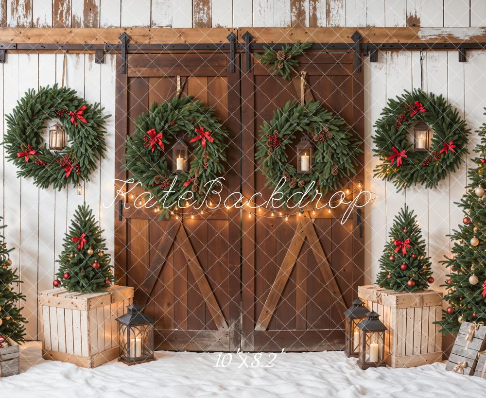 Kate Christmas Tree Brown Wooden Barn Door White Wall Backdrop Designed by Emetselch