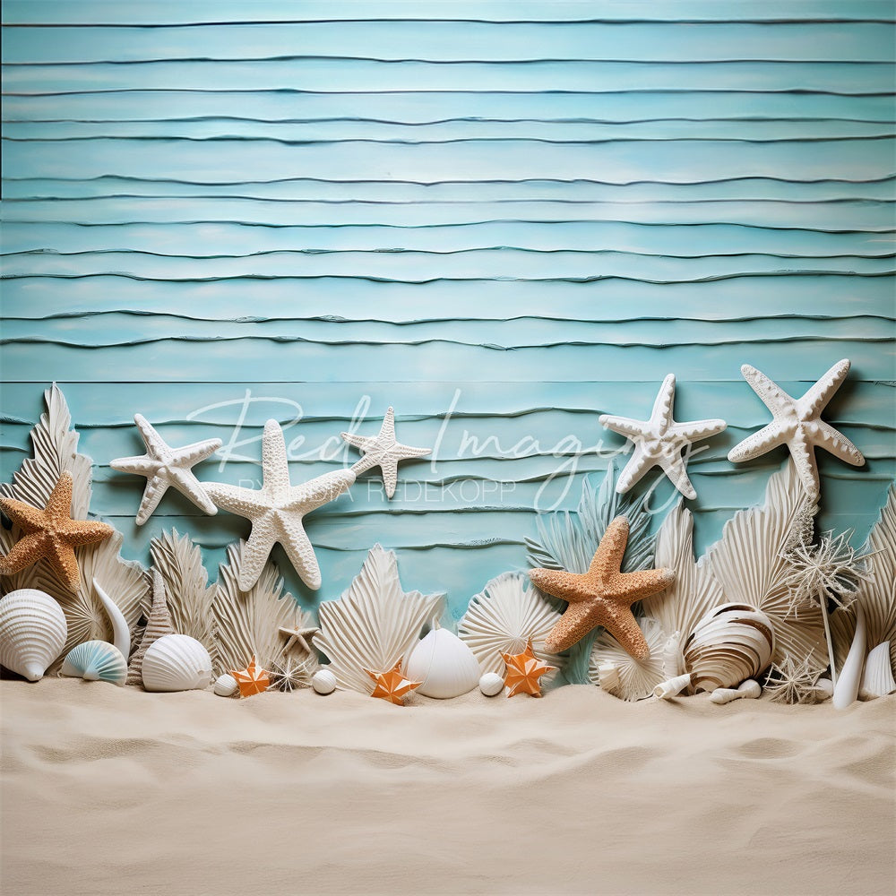 Kate Christmas Beach Starfish Blue Wall Backdrop Designed by Lidia Redekopp