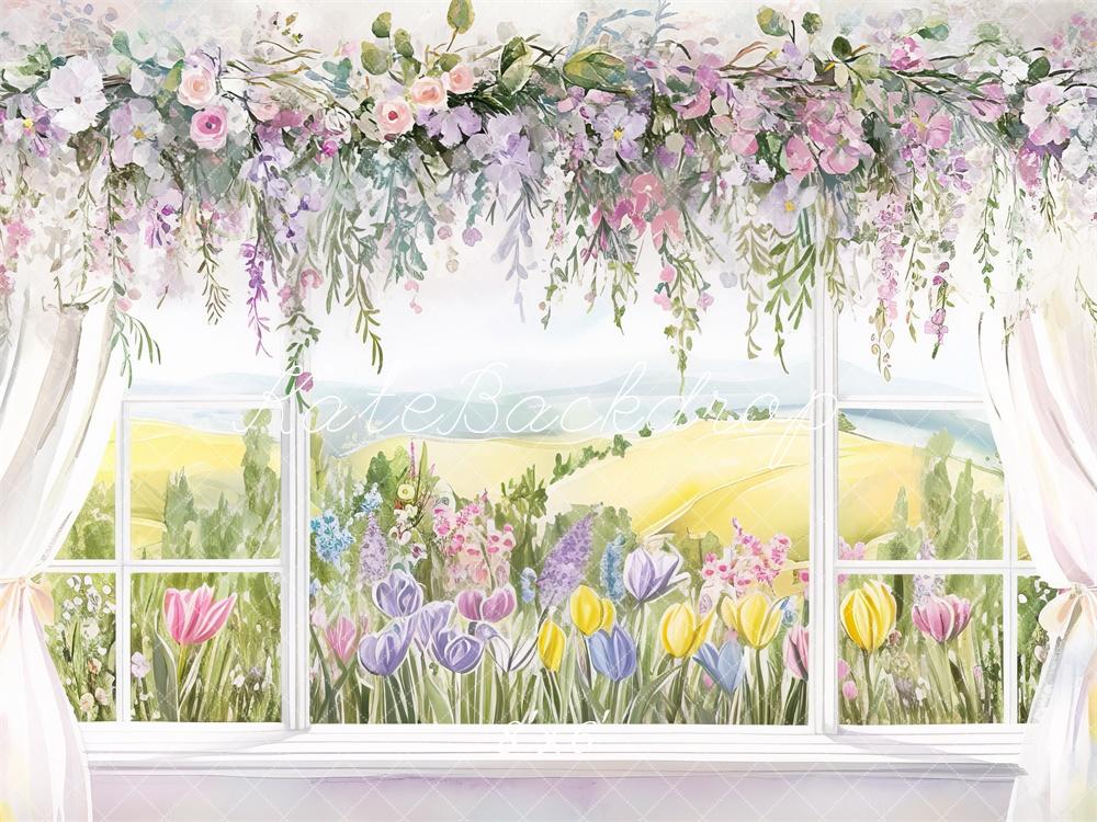 Kate Cartoon Spring Floral Window View Backdrop Designed by Mini MakeBelieve