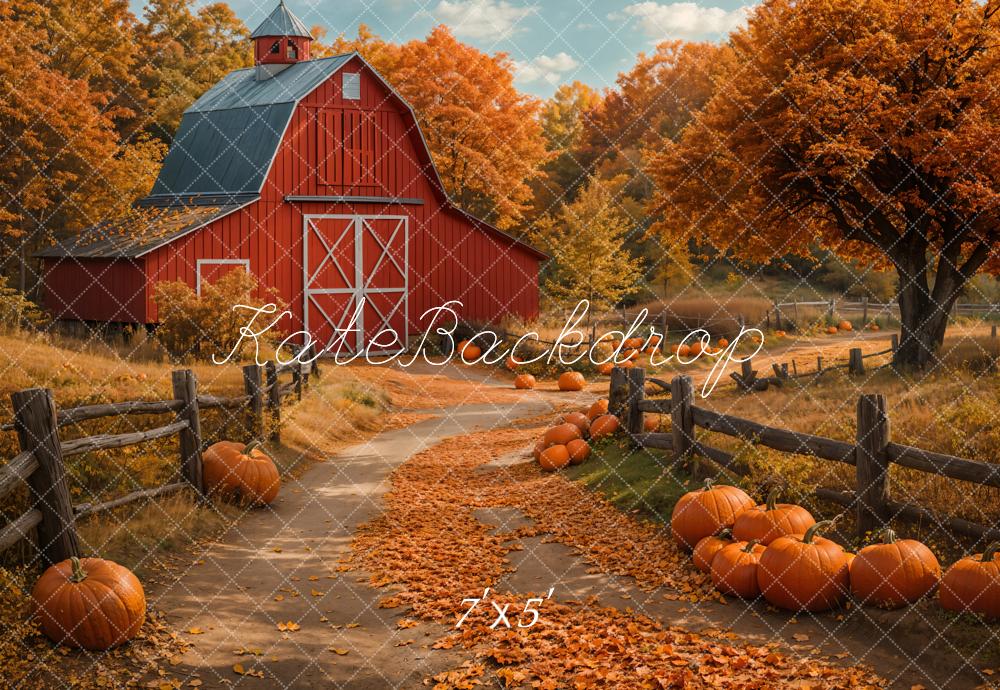 Kate Fall Sunflower Pumpkin Red House Forest Path Backdrop Designed by Emetselch