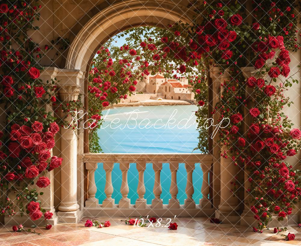 Kate Valentine Roses Arch Balcony Lake Backdrop Designed by Emetselch