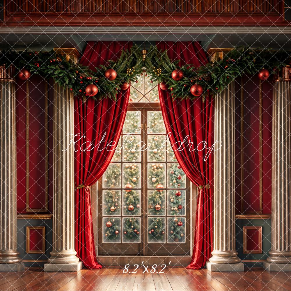 Kate Christmas Indoor Arched Window Red Retro Wall Backdrop Designed by Chain Photography