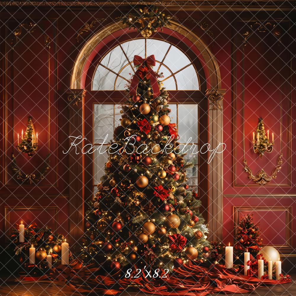 Kate Winter Christmas Tree Arched Window Red Retro Wall Backdrop Designed by Emetselch