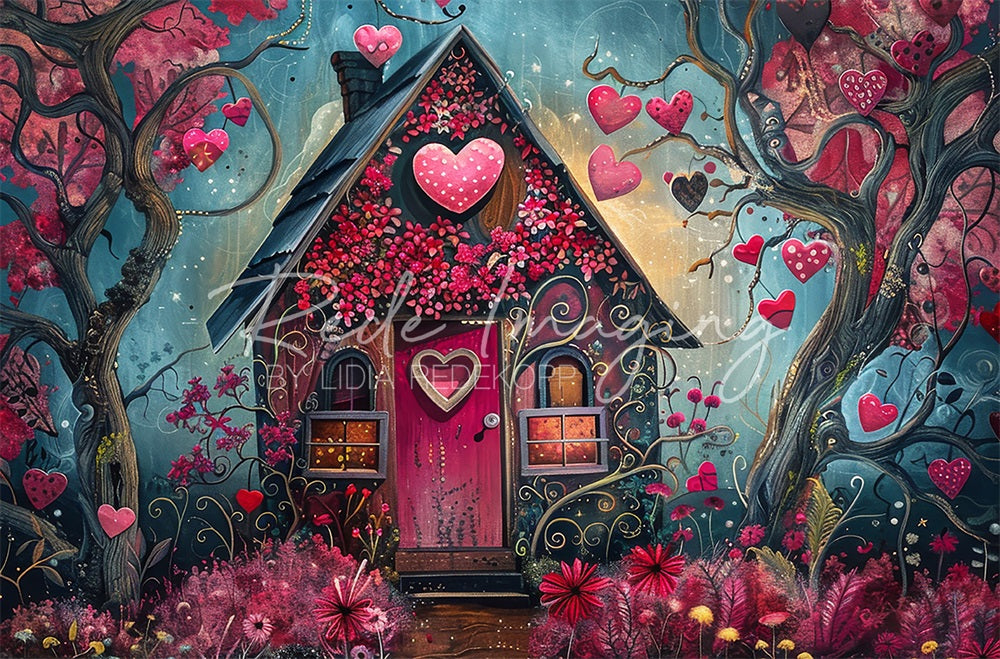 Arte Fantastica Cartoon Forest Red Heart Hut Backdrop Progettata da Lidia Redekopp