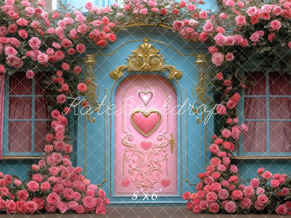 Valentine Pink Door Floral Arch Foto Achtergrond Designed by Mini MakeBelieve