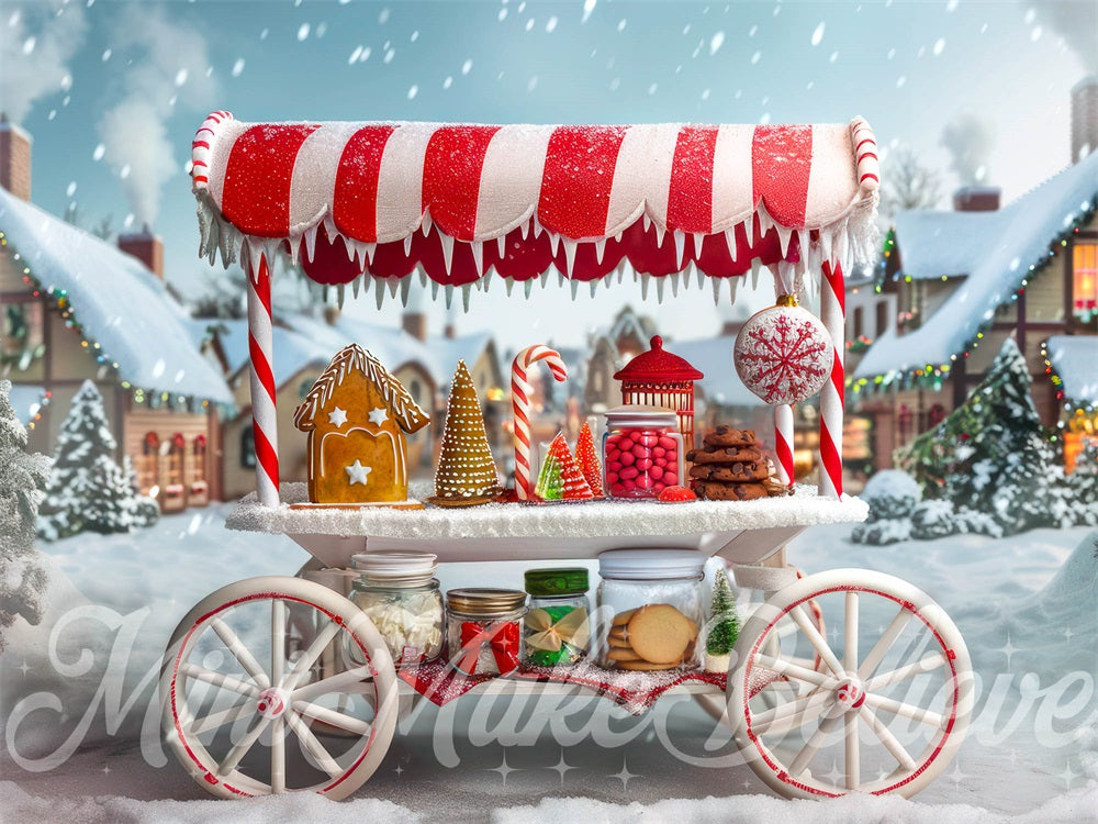 Kate Christmas Town Gingerbread Red Candy Stand Cart Backdrop Designed by Mini MakeBelieve