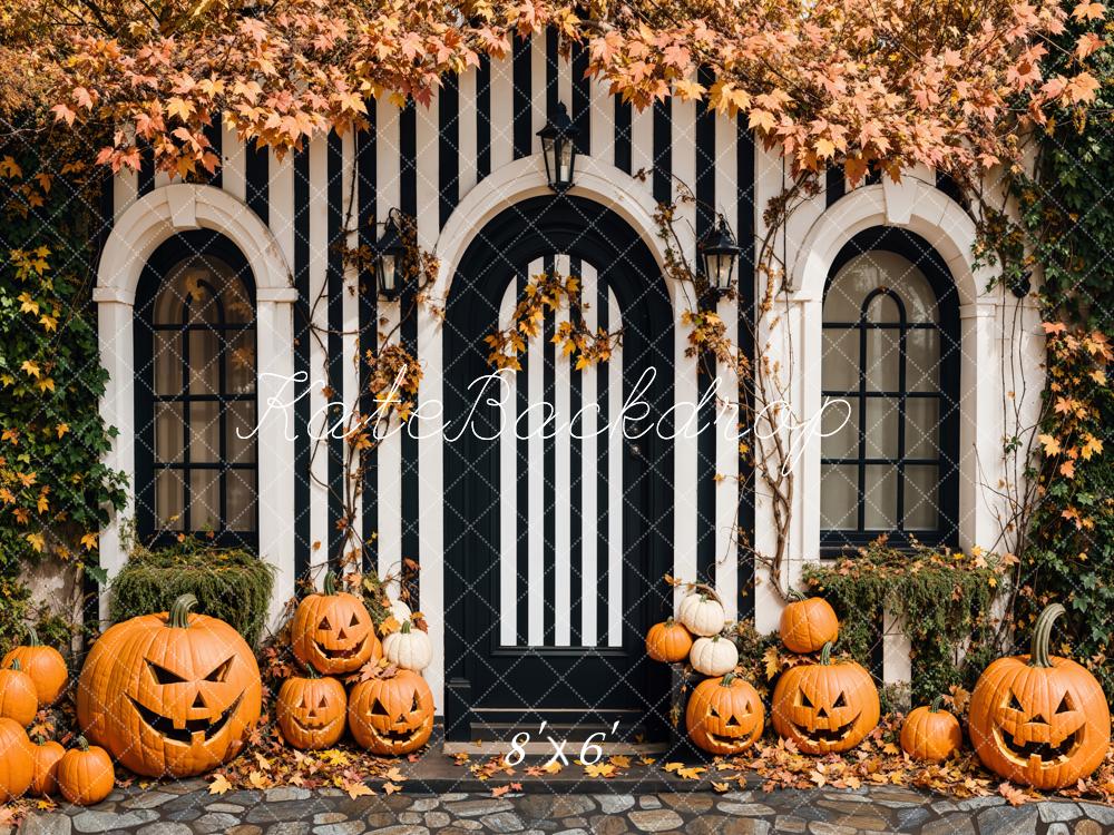 Kate Halloween Black and White Striped Door Maple Pumpkin Backdrop Designed by Emetselch