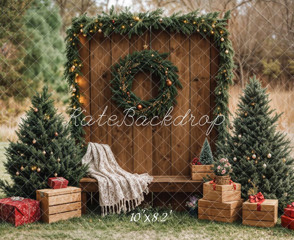 Kerst Bos Rustieke Krans Houten Foto Achtergrond Designed by Emetselch