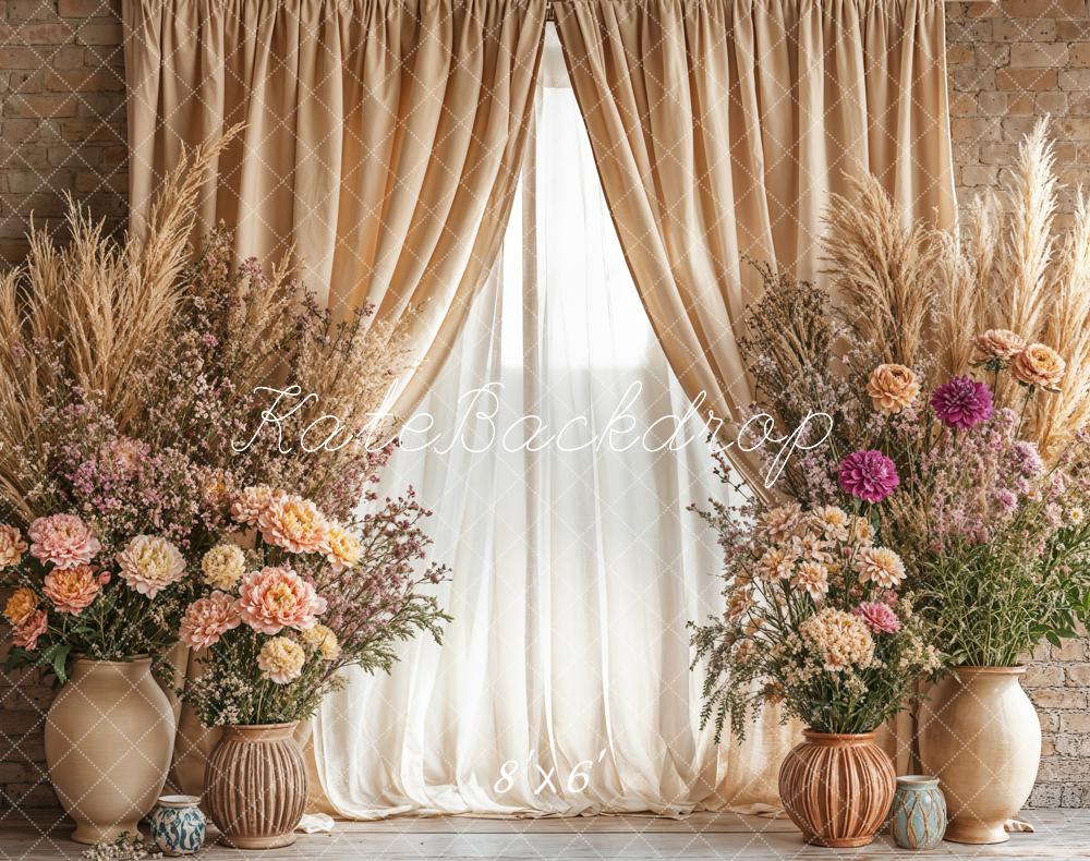 Kate Boho Floral Beige Curtain Vase Backdrop Designed by Emetselch