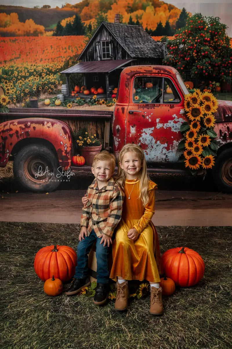 Kate Autumn Outdoor Forest Sunflower Orange Broken Truck Backdrop Designed by Mini MakeBelieve