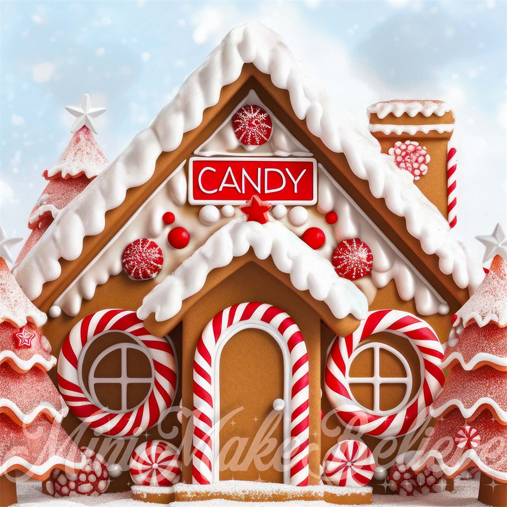 Kate Red Christmas Tree Dreamy Gingerbread Candy House Backdrop Designed by Mini MakeBelieve