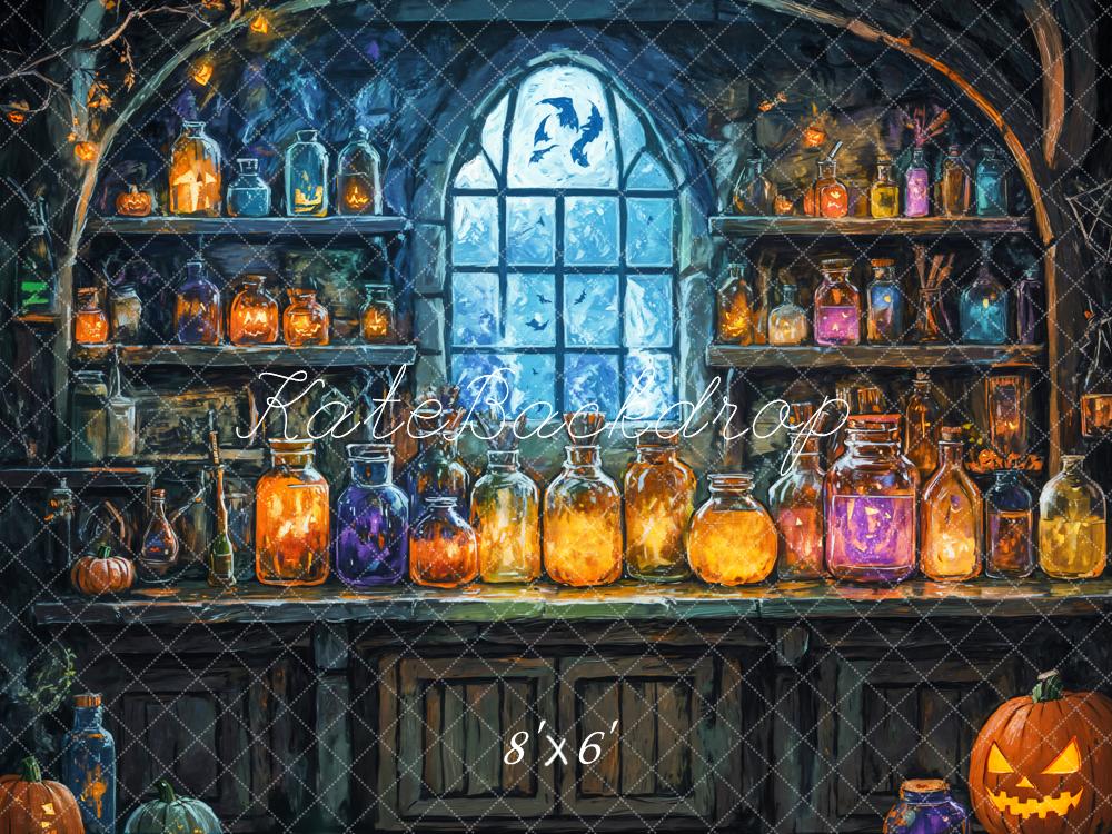 Halloween Magic Laboratory Kleurrijke Fles Venster Foto Achtergrond Designed by GQ