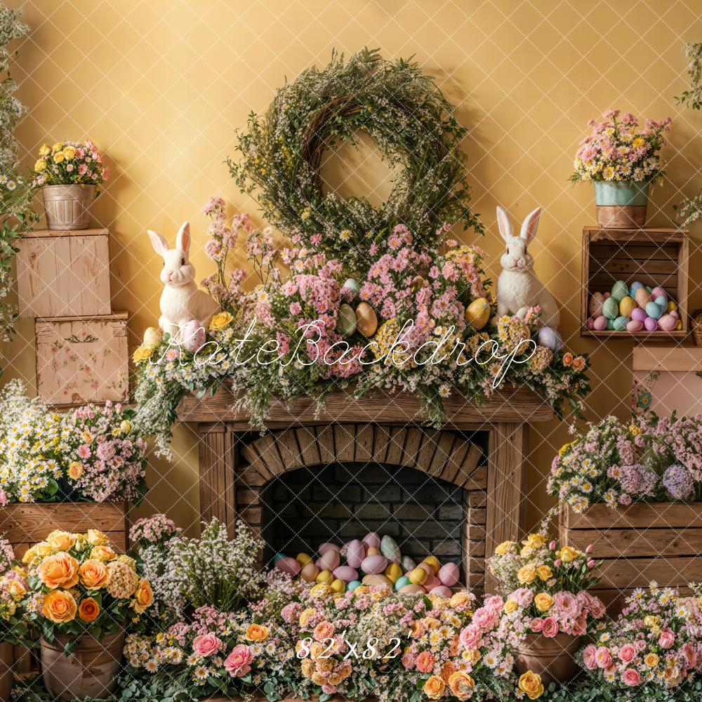 Kate Easter Bunny Floral Fireplace Backdrop Designed by Emetselch