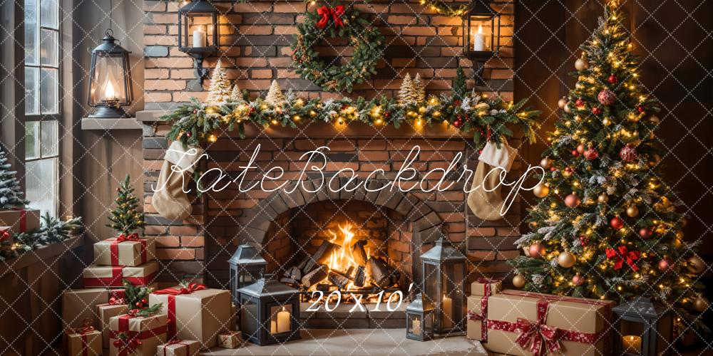 Kate Christmas Fireplace Tree Brick Wall Backdrop Designed by Emetselch